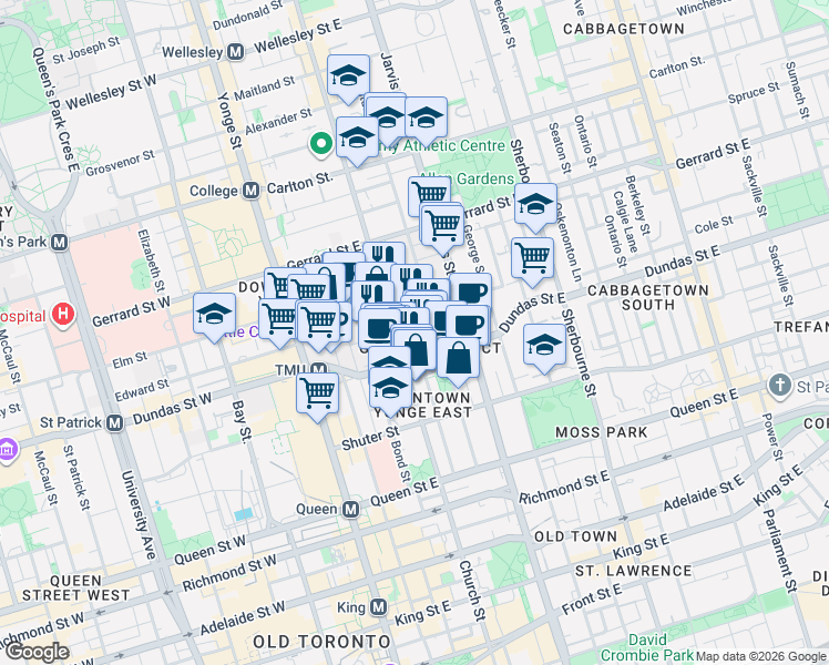 map of restaurants, bars, coffee shops, grocery stores, and more near 135 Dalhousie Street in Toronto