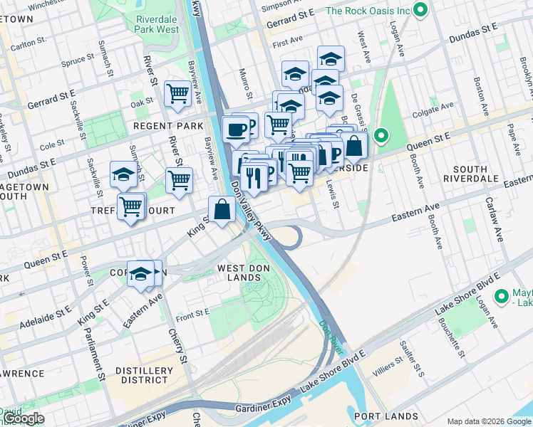 map of restaurants, bars, coffee shops, grocery stores, and more near 79 East Don Roadway in Toronto
