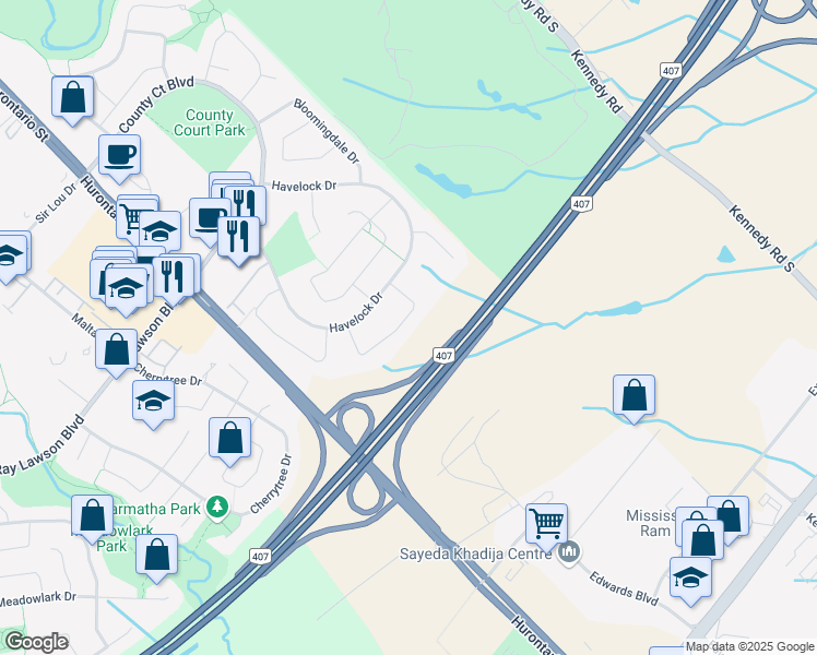 map of restaurants, bars, coffee shops, grocery stores, and more near 38 Kesteven Crescent in Brampton