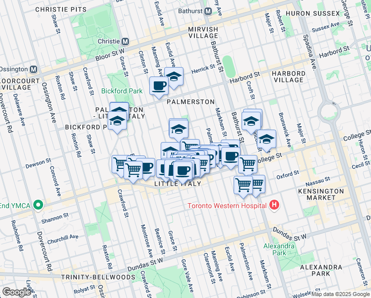 map of restaurants, bars, coffee shops, grocery stores, and more near 415 Manning Avenue in Toronto