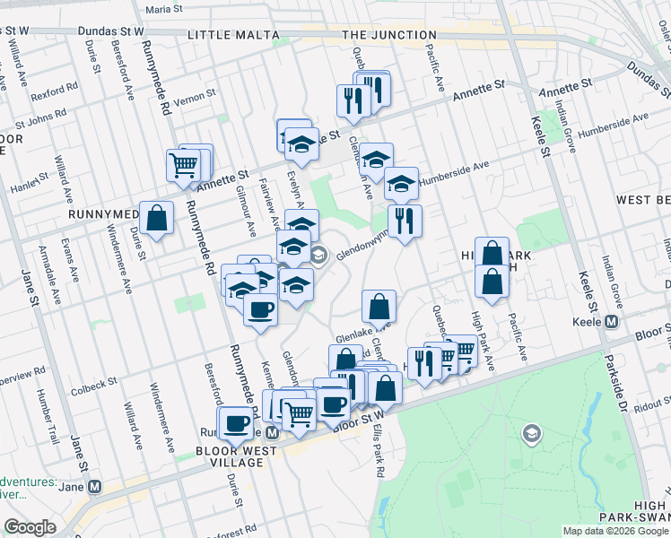 map of restaurants, bars, coffee shops, grocery stores, and more near 179 Glendonwynne Road in Toronto