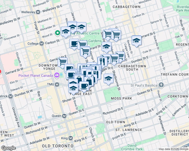 map of restaurants, bars, coffee shops, grocery stores, and more near in Toronto