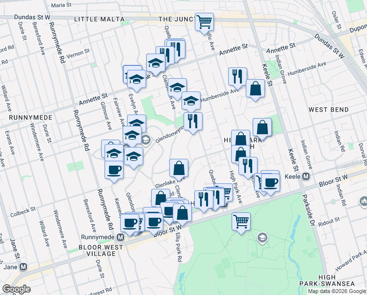 map of restaurants, bars, coffee shops, grocery stores, and more near 74 Pine Crest Road in Toronto