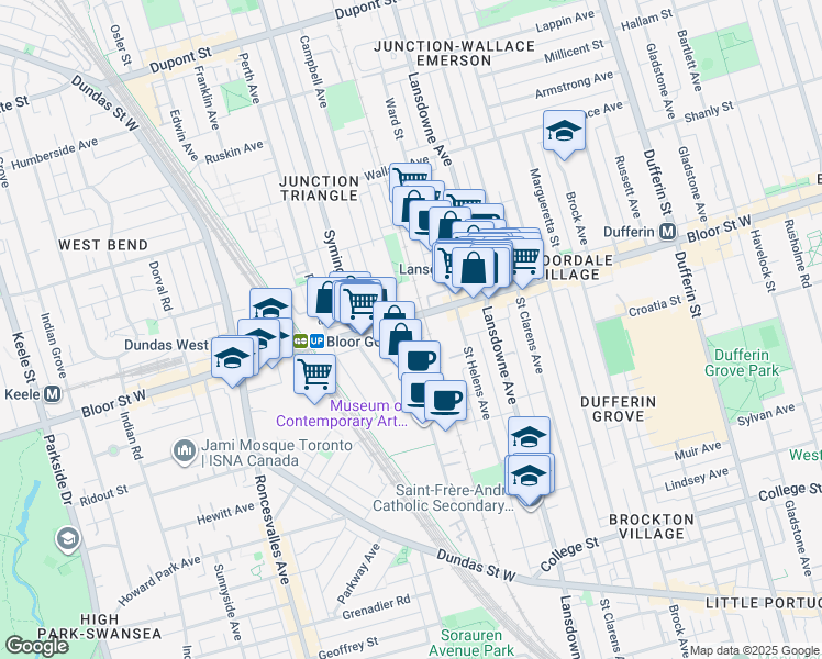 map of restaurants, bars, coffee shops, grocery stores, and more near 1369 Bloor Street West in Toronto