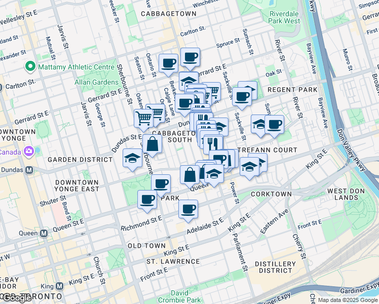 map of restaurants, bars, coffee shops, grocery stores, and more near 210 Berkeley Street in Toronto