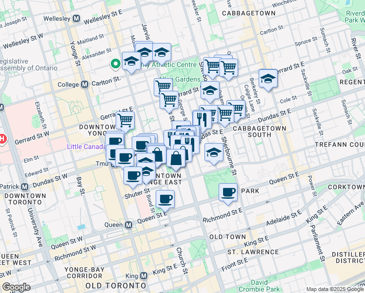 map of restaurants, bars, coffee shops, grocery stores, and more near 251 Jarvis Street in Toronto