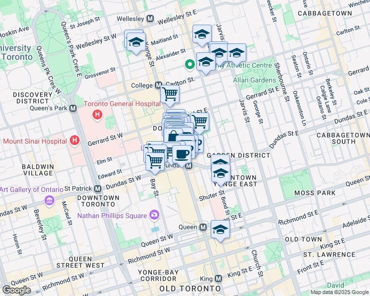 map of restaurants, bars, coffee shops, grocery stores, and more near 335 Yonge Street in Toronto