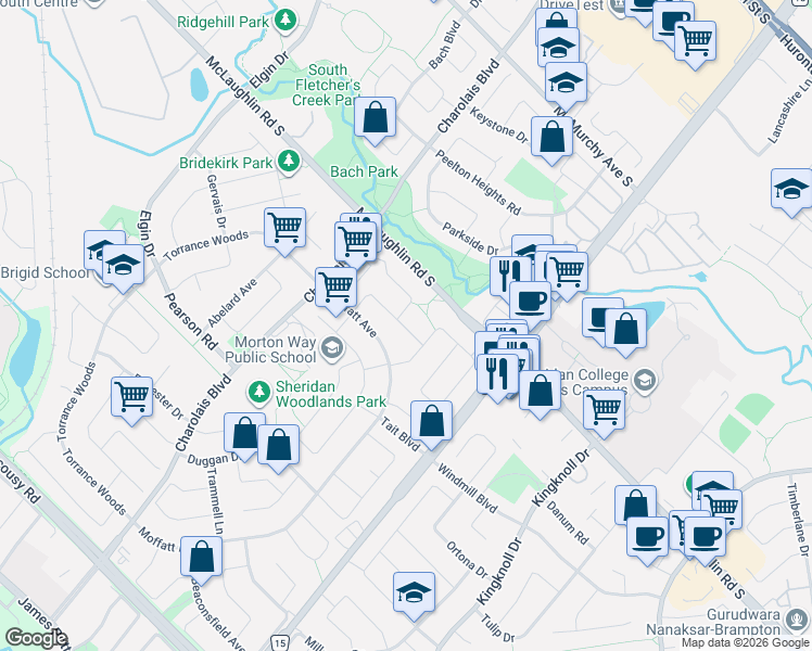 map of restaurants, bars, coffee shops, grocery stores, and more near 50 Denlow Drive in Brampton