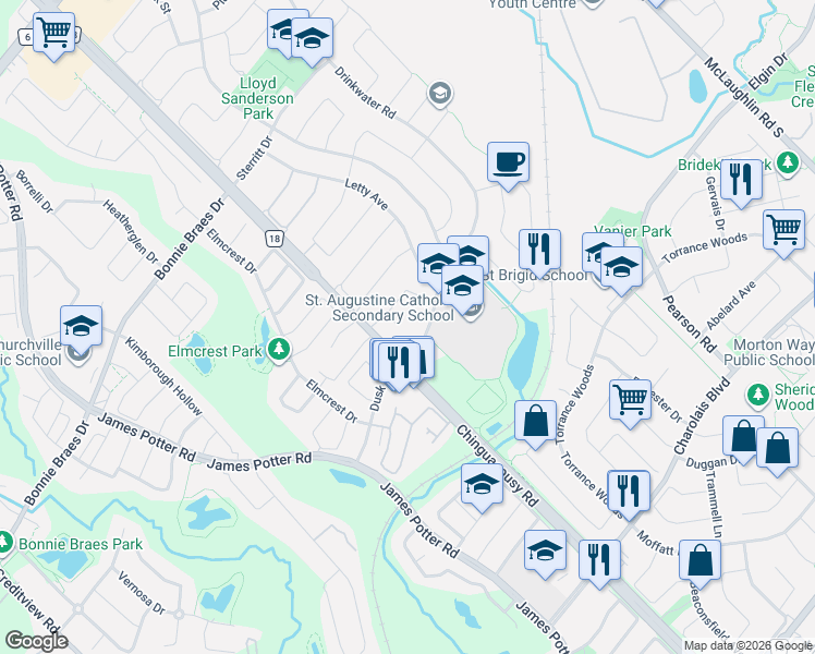 map of restaurants, bars, coffee shops, grocery stores, and more near 16 Drinkwater Road in Brampton