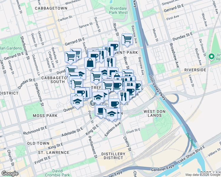 map of restaurants, bars, coffee shops, grocery stores, and more near 90 Sumach Street in Toronto