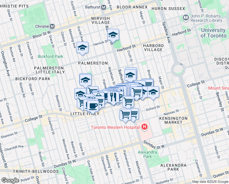 map of restaurants, bars, coffee shops, grocery stores, and more near 338 Markham Street in Toronto