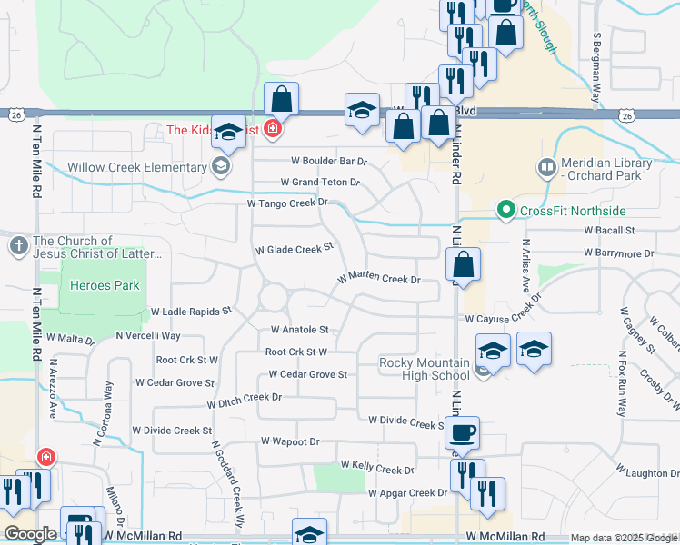 map of restaurants, bars, coffee shops, grocery stores, and more near 5793 North Teekem Falls Way in Meridian