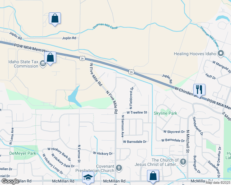 map of restaurants, bars, coffee shops, grocery stores, and more near 5750 North Five Mile Court in Boise