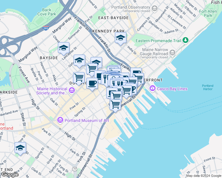 map of restaurants, bars, coffee shops, grocery stores, and more near in Portland