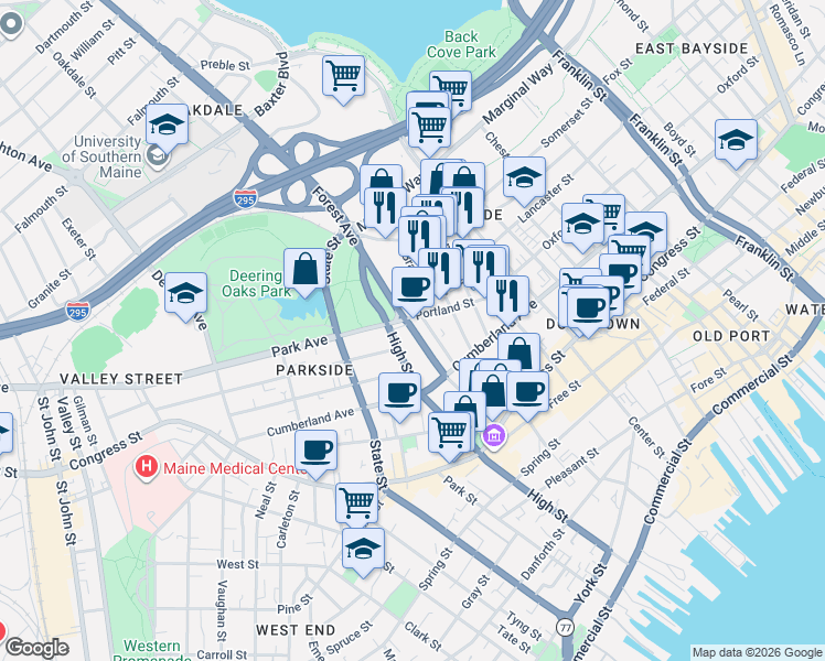 map of restaurants, bars, coffee shops, grocery stores, and more near 22 Preble Street in Portland