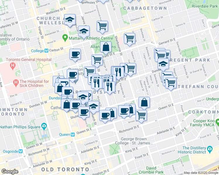 map of restaurants, bars, coffee shops, grocery stores, and more near 200 Dundas Street East in Toronto