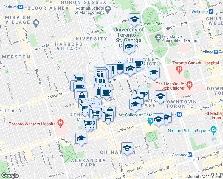 map of restaurants, bars, coffee shops, grocery stores, and more near in Toronto
