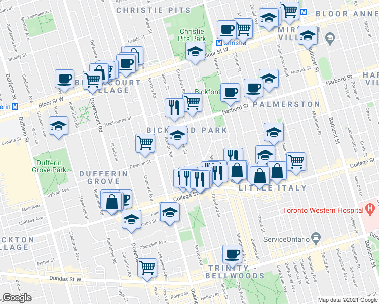 map of restaurants, bars, coffee shops, grocery stores, and more near in Toronto