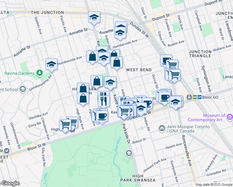 map of restaurants, bars, coffee shops, grocery stores, and more near in Toronto