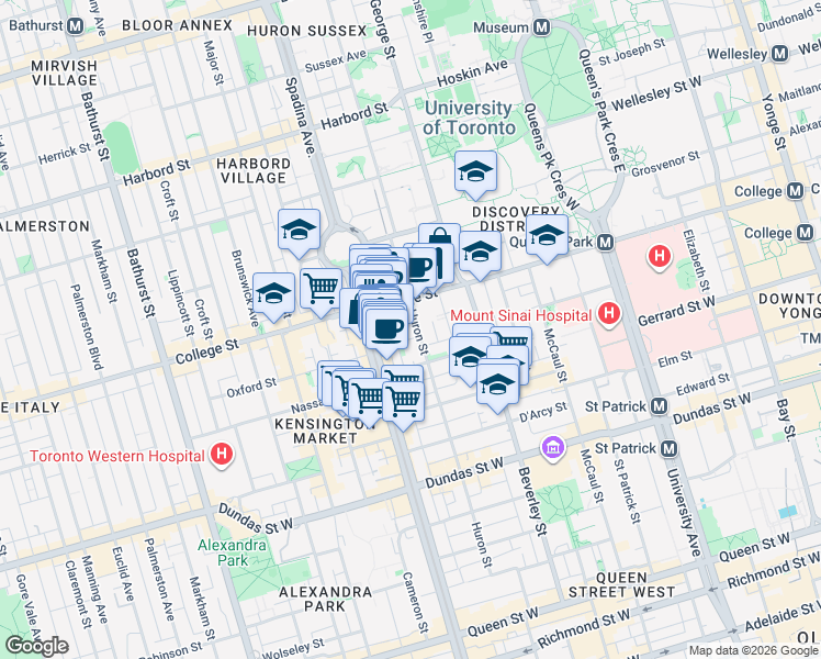 map of restaurants, bars, coffee shops, grocery stores, and more near 168 Huron Street in Toronto