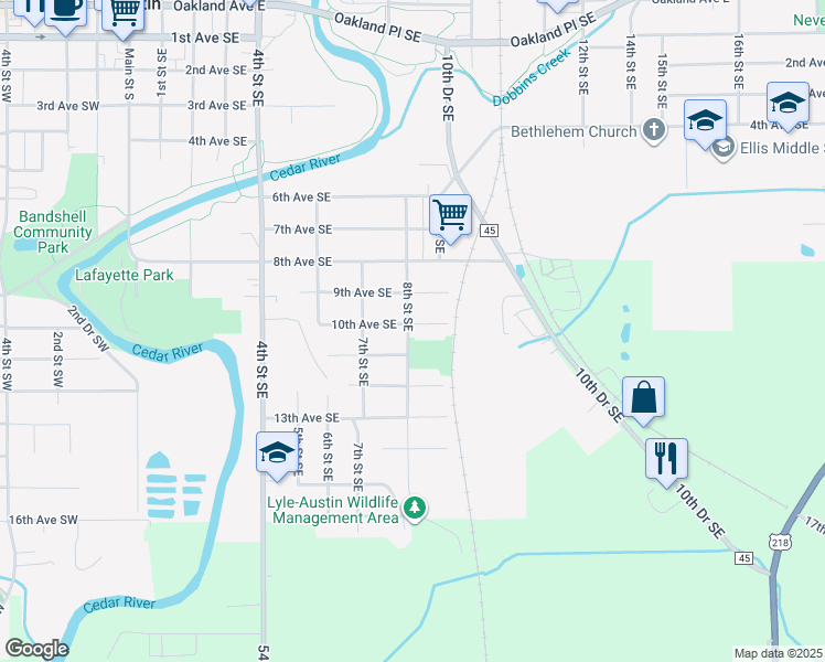 map of restaurants, bars, coffee shops, grocery stores, and more near 900 10th Avenue Southeast in Austin