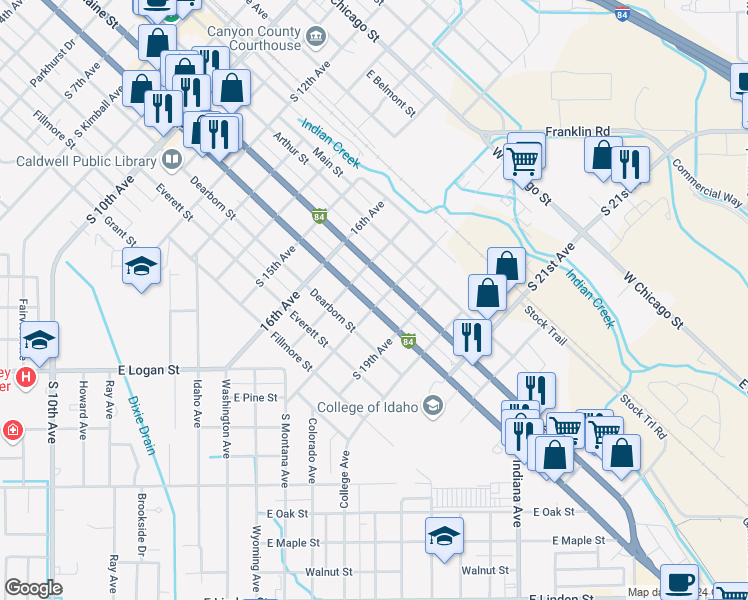map of restaurants, bars, coffee shops, grocery stores, and more near 1723 Cleveland Boulevard in Caldwell