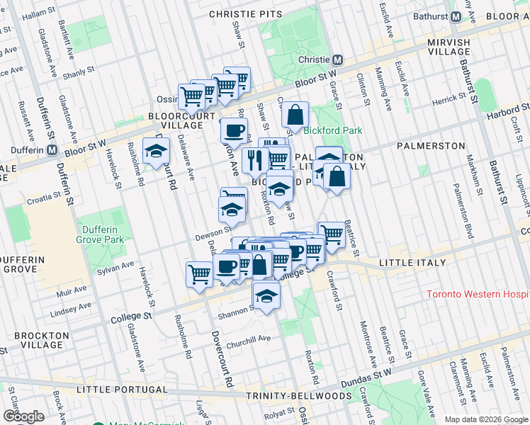 map of restaurants, bars, coffee shops, grocery stores, and more near in Toronto