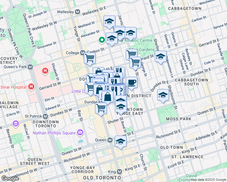 map of restaurants, bars, coffee shops, grocery stores, and more near 100 Bond Street in Toronto