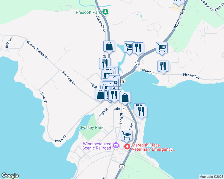 map of restaurants, bars, coffee shops, grocery stores, and more near 312 Daniel Webster Highway in Meredith