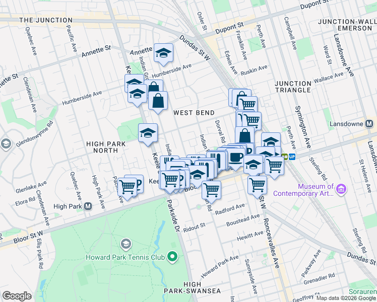 map of restaurants, bars, coffee shops, grocery stores, and more near 43 Indian Road Crescent in Toronto