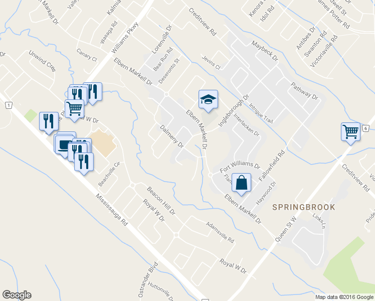 map of restaurants, bars, coffee shops, grocery stores, and more near 31 Dalmeny Drive in Brampton