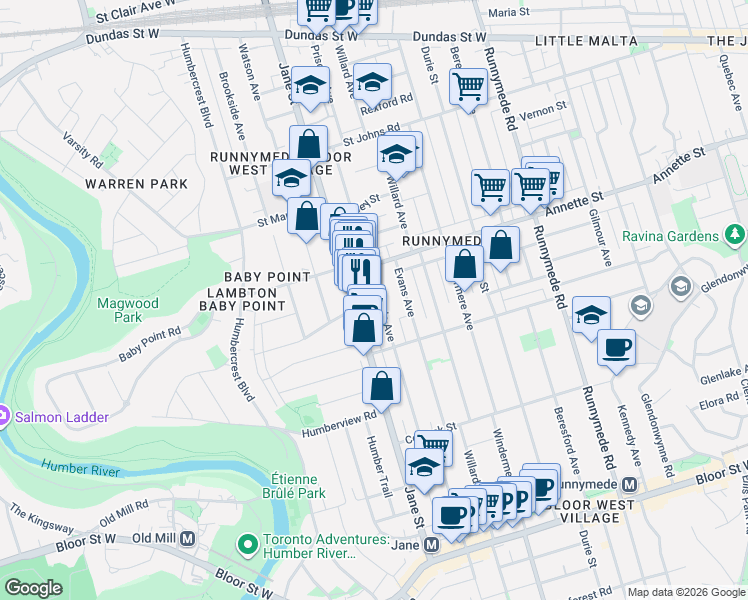 map of restaurants, bars, coffee shops, grocery stores, and more near in Toronto