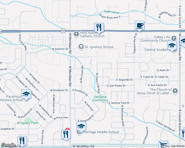 map of restaurants, bars, coffee shops, grocery stores, and more near 5780 North Rio Lomas Avenue in Meridian