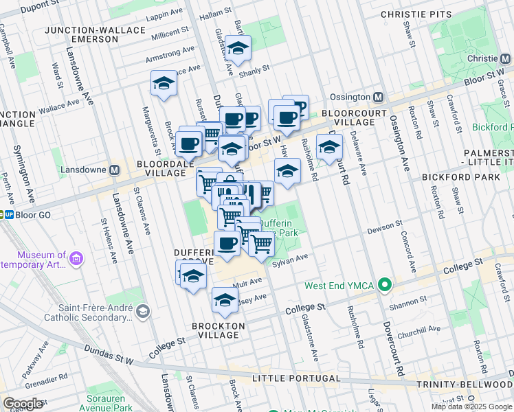 map of restaurants, bars, coffee shops, grocery stores, and more near 919 Dufferin Street in Toronto