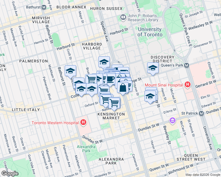 map of restaurants, bars, coffee shops, grocery stores, and more near 297 College Street in Toronto