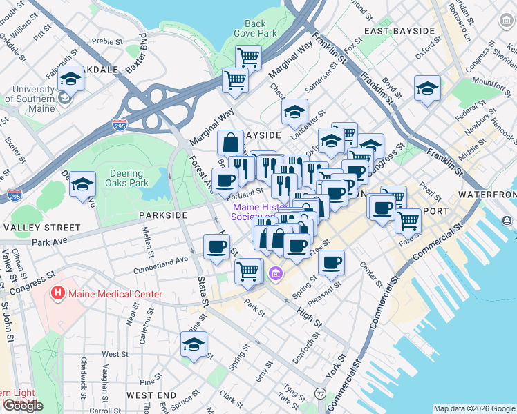 map of restaurants, bars, coffee shops, grocery stores, and more near 19 Parris Street in Portland