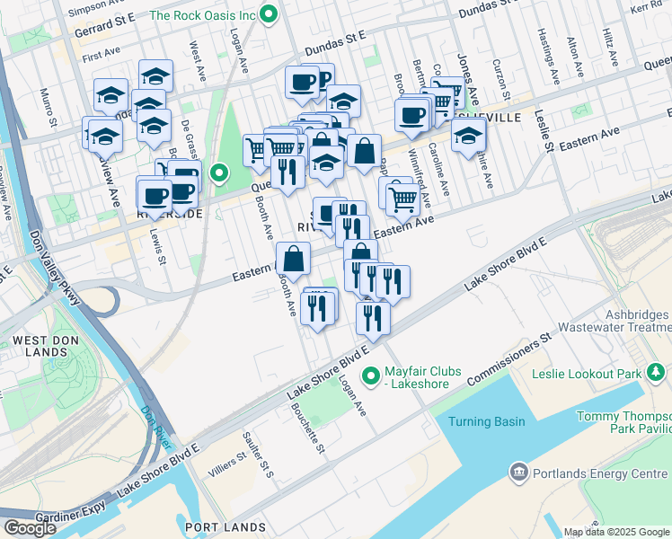 map of restaurants, bars, coffee shops, grocery stores, and more near 99 Morse Street in Toronto