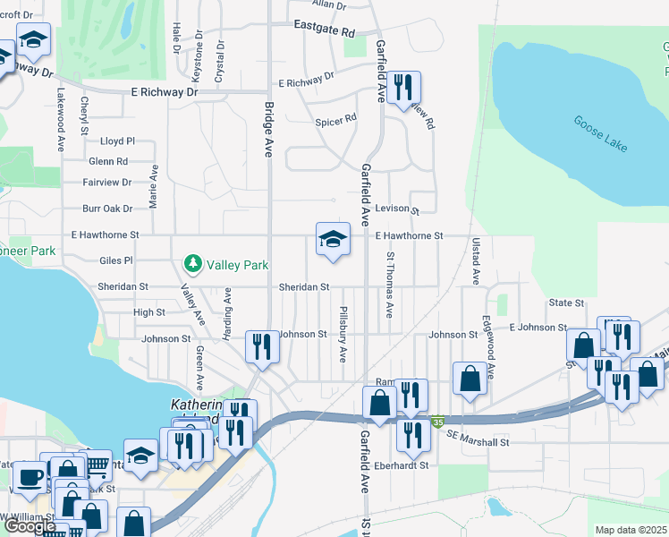 map of restaurants, bars, coffee shops, grocery stores, and more near 1000 East Hawthorne Street in Albert Lea