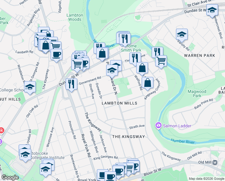 map of restaurants, bars, coffee shops, grocery stores, and more near 499B Prince Edward Drive North in Toronto