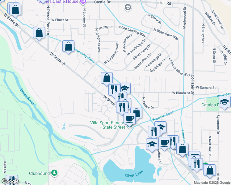 map of restaurants, bars, coffee shops, grocery stores, and more near 5660 West Bloom Street in Boise