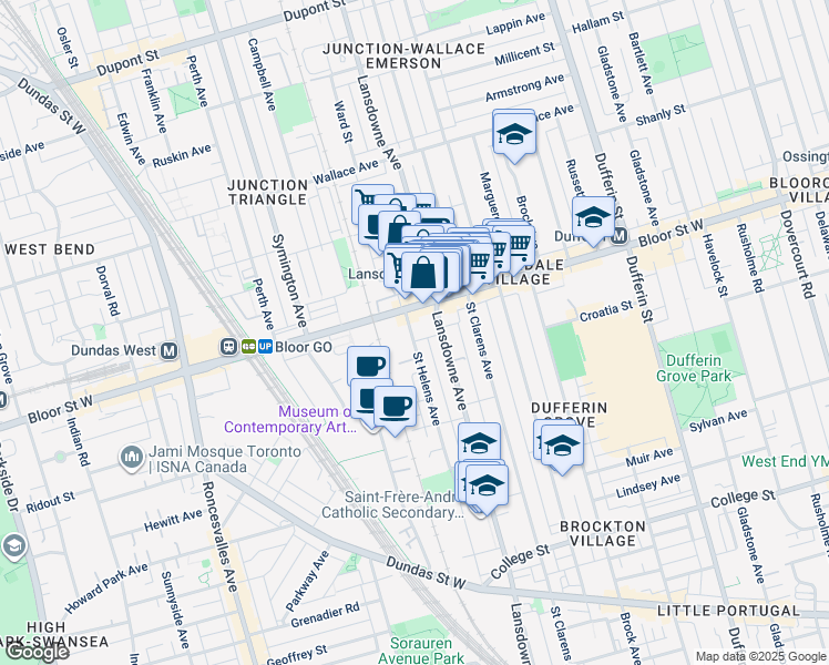 map of restaurants, bars, coffee shops, grocery stores, and more near 297 Saint Helens Avenue in Toronto