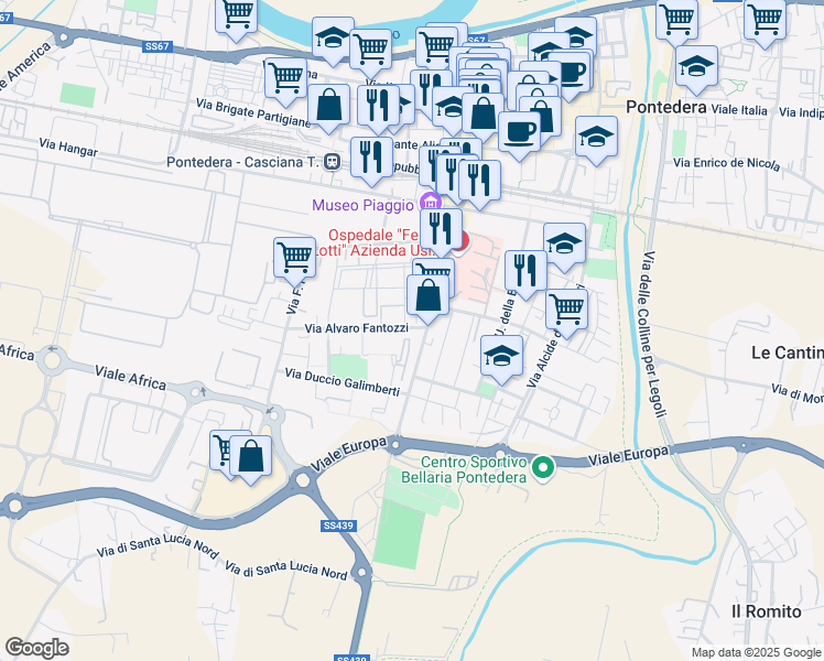 map of restaurants, bars, coffee shops, grocery stores, and more near 5 Via Alvaro Fantozzi in Pontedera