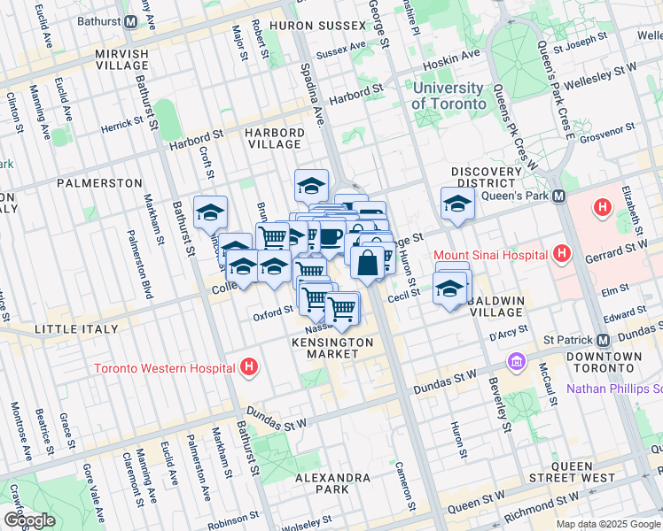map of restaurants, bars, coffee shops, grocery stores, and more near 297 College Street in Toronto