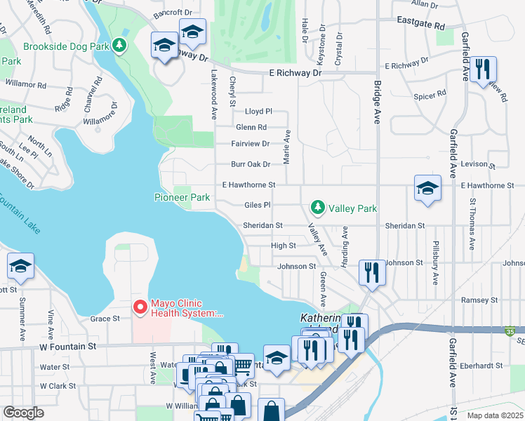 map of restaurants, bars, coffee shops, grocery stores, and more near 308 Giles Place in Albert Lea