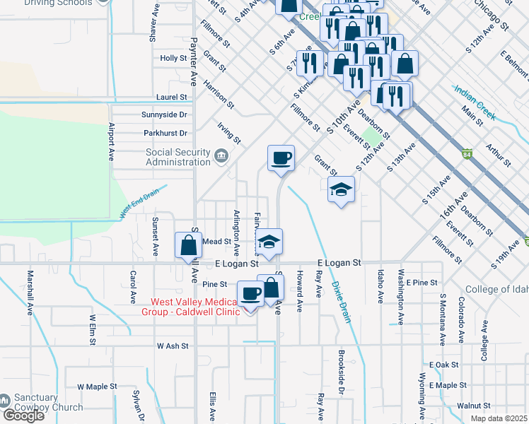 map of restaurants, bars, coffee shops, grocery stores, and more near 1415 Fairview Avenue in Caldwell