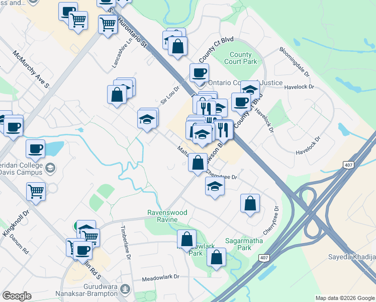 map of restaurants, bars, coffee shops, grocery stores, and more near 35 Malta Avenue in Brampton
