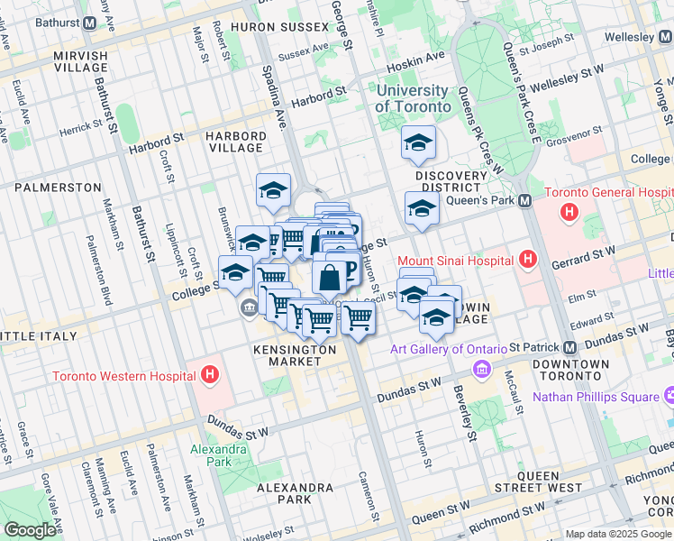 map of restaurants, bars, coffee shops, grocery stores, and more near 438 Spadina Avenue in Toronto