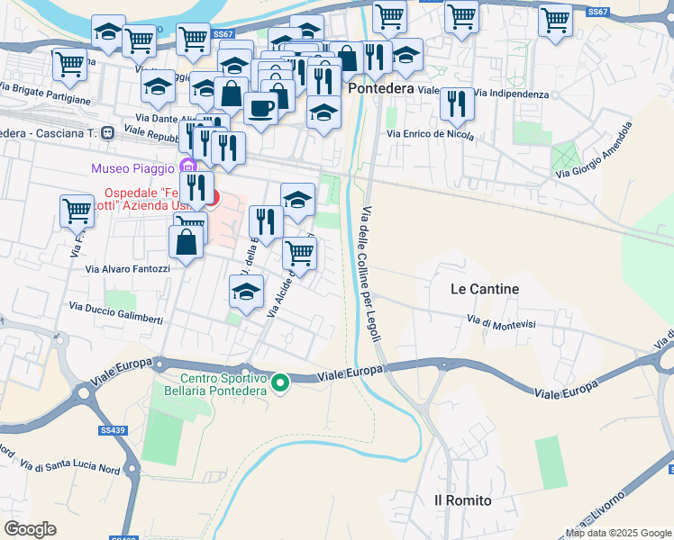 map of restaurants, bars, coffee shops, grocery stores, and more near 35 Via Palmiro Togliatti in Pontedera