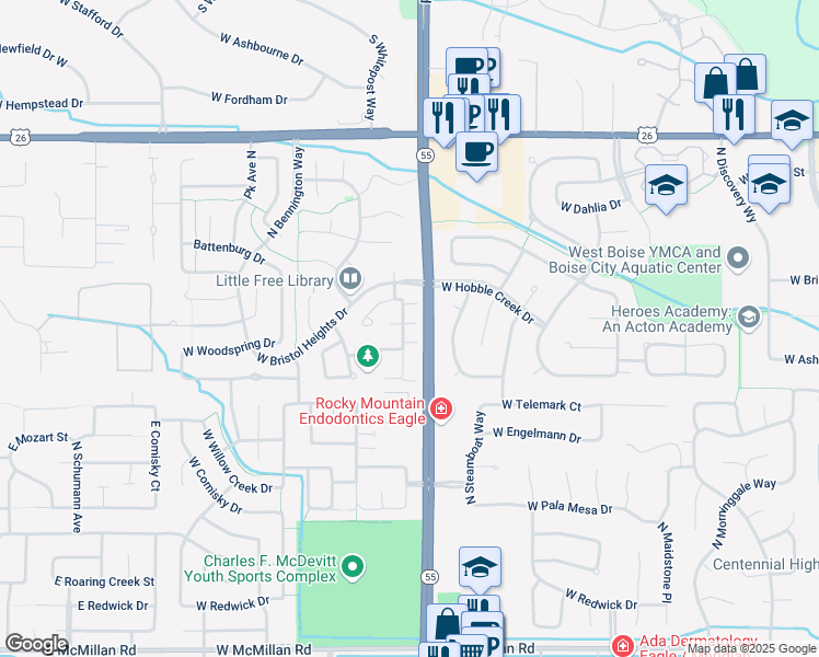 map of restaurants, bars, coffee shops, grocery stores, and more near 5774 North Parchment Avenue in Boise