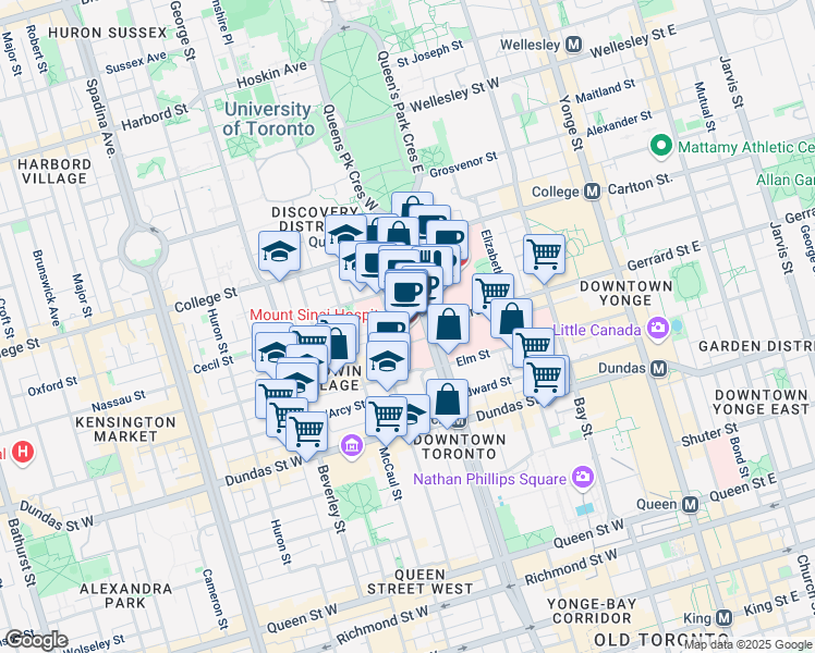 map of restaurants, bars, coffee shops, grocery stores, and more near 600 University Avenue in Toronto